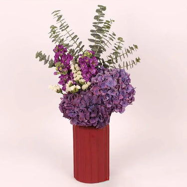 Purple Radiance, Premium Display, Ceramic Glass Vase, Hydrangeas, Matthiola, Statice, Eucalyptus